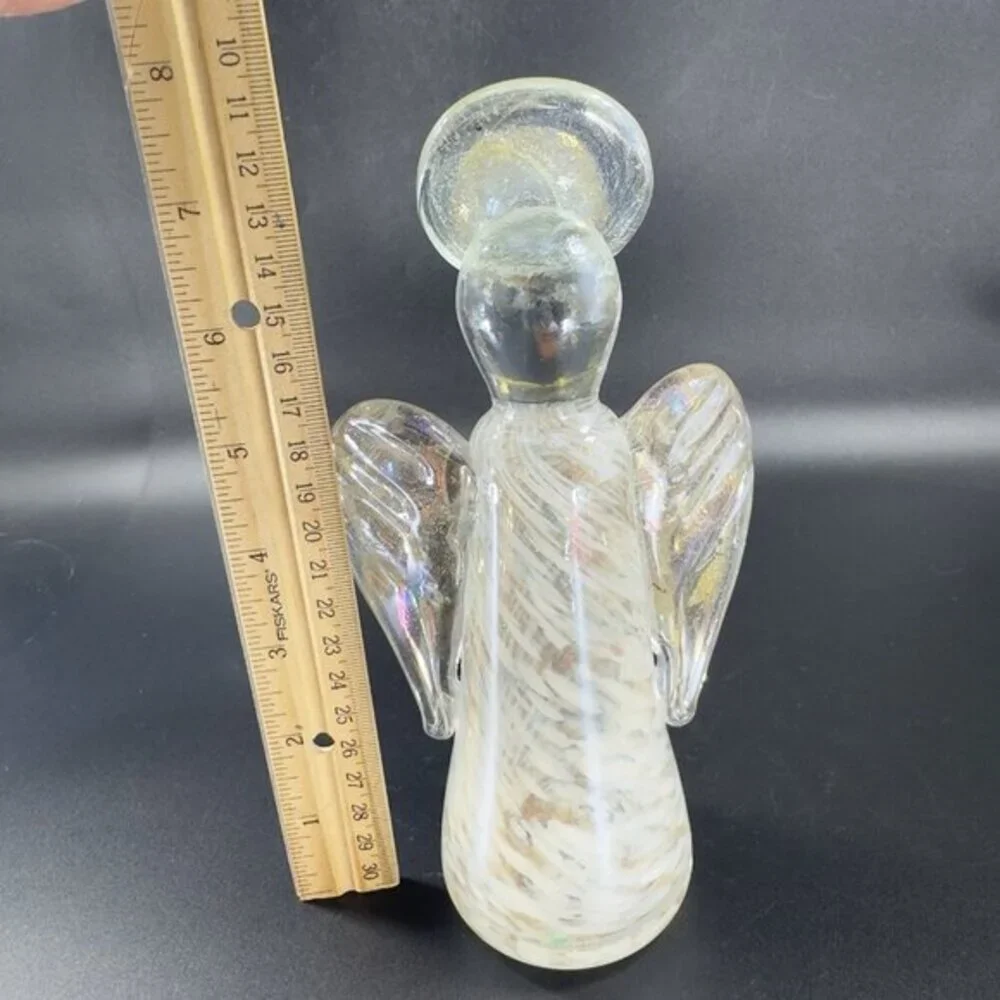 Heavy Art Glass Angel Spiritual Figurine Paperweight Iridescent Swirl Finish VTG